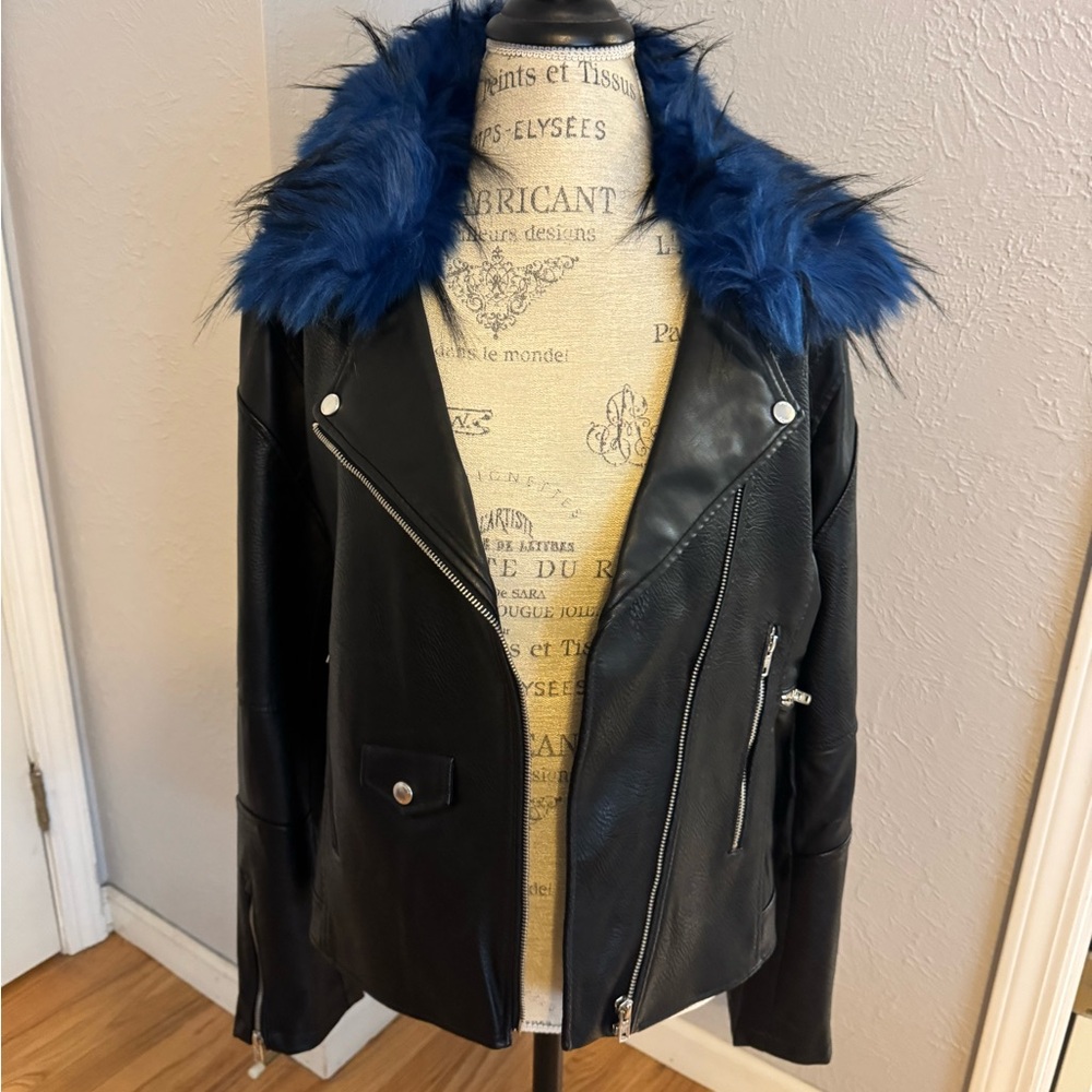 Members Only Black Leather Jacket with Blue Fur Collar